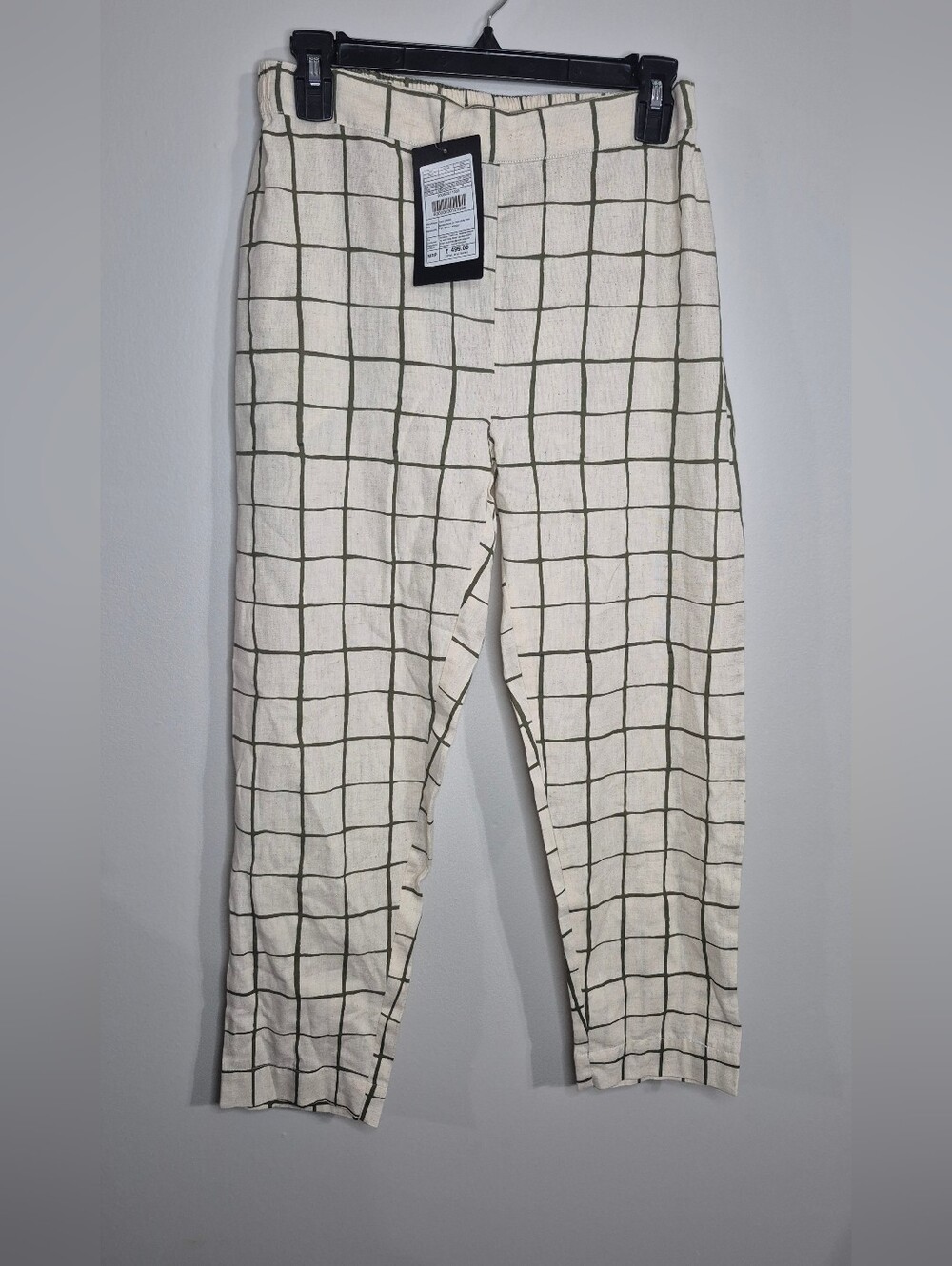 Cream Windowpane Check Cotton Pants Size Medium